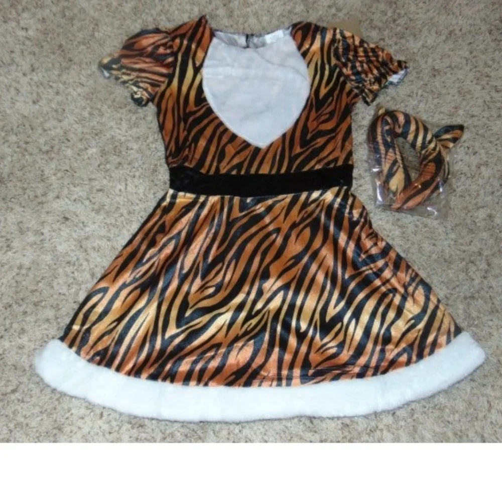 Tiger Tigress & Face Kit Halloween Costume 8/10 Dress, Tail, Headband Girls